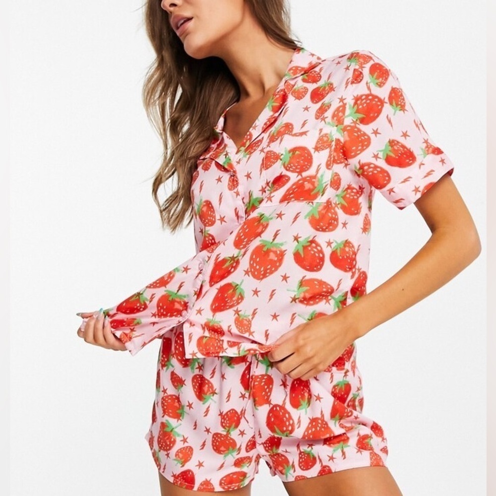 ASOS DESIGN Strawberry Lightning Bolt Modal Pajama Top Pink Size 8